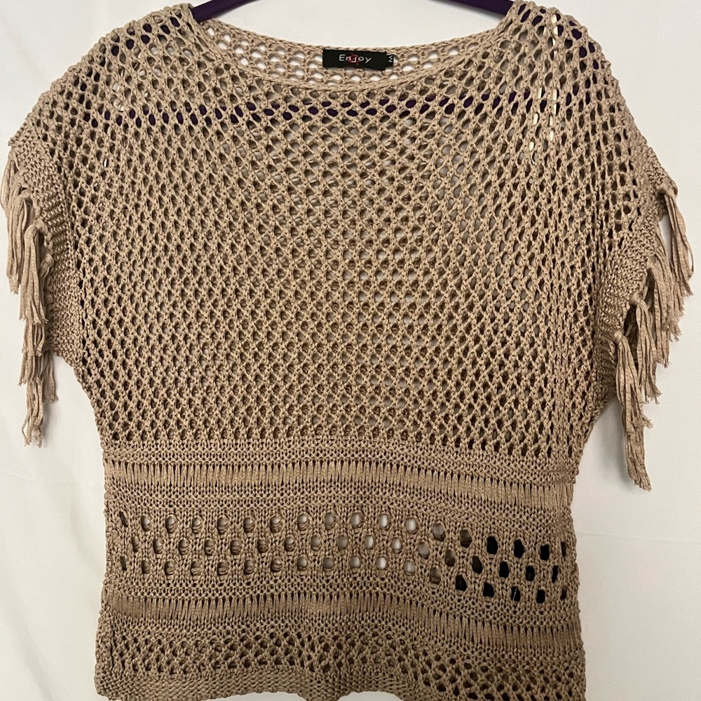 Tan Crew Neck Sweater with Open-Knit Design